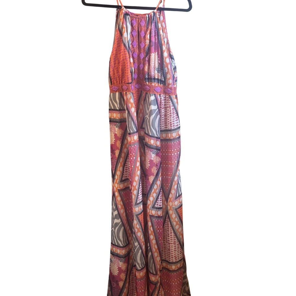 H&M Printed Boho Maxi Dress in Orange and Pink Gauze Sz 12 New